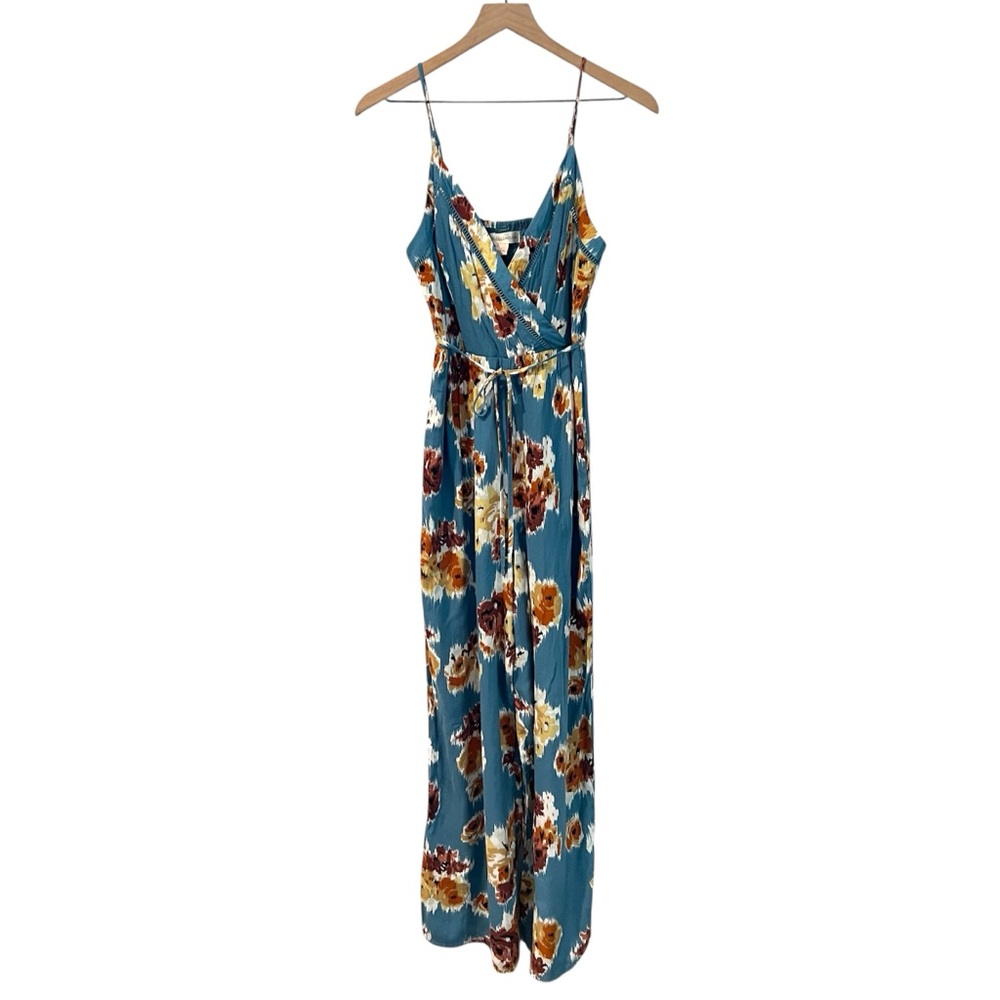 BOG Collective Floral Spaghetti Strap V-Neck Tie Waist‎ Wide Leg Jumpsuit Size S